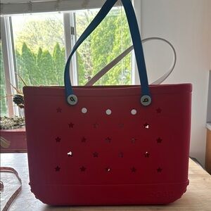 BOGG Red rubber Tote Bag with Blue and White Handle